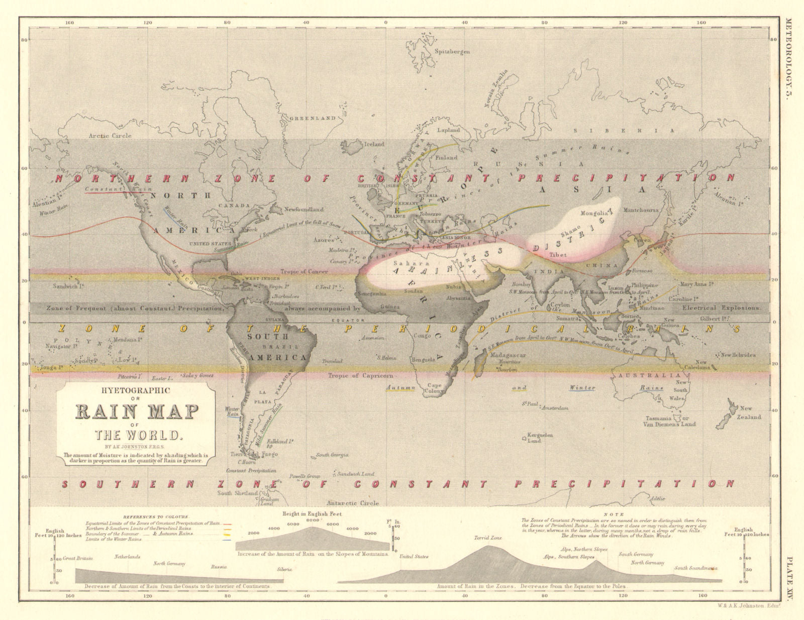 WORLD. Hyetographic or rain map of the World 1850 old antique plan chart